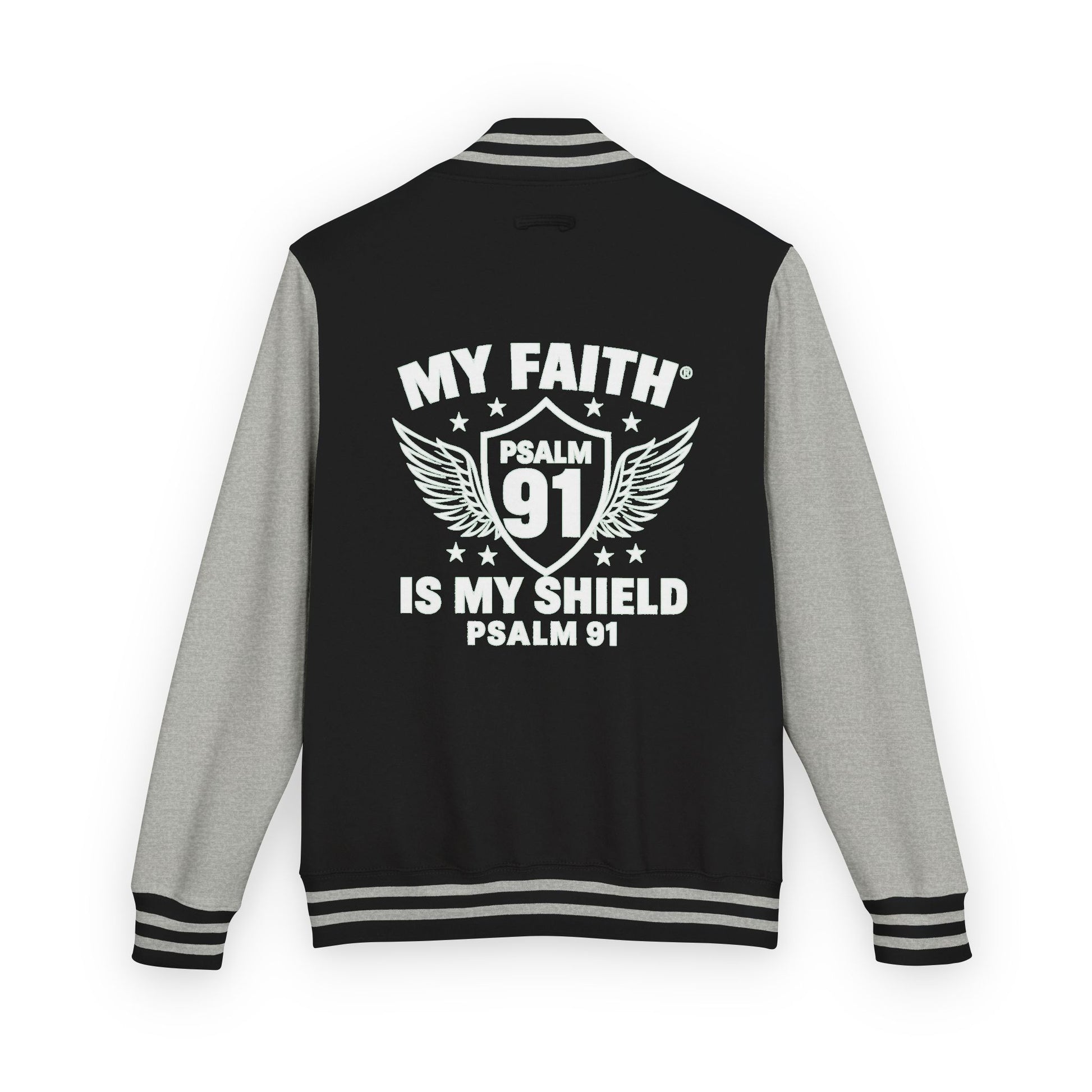 Letterman Jacket — “My Faith Is My Shield” 91 Vintage Varsity Jacket - ClaimedbyGodDesigns