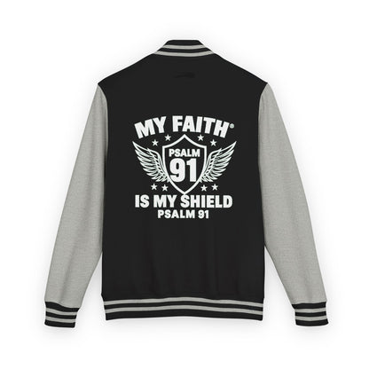 Letterman Jacket — “My Faith Is My Shield” 91 Vintage Varsity Jacket - ClaimedbyGodDesigns