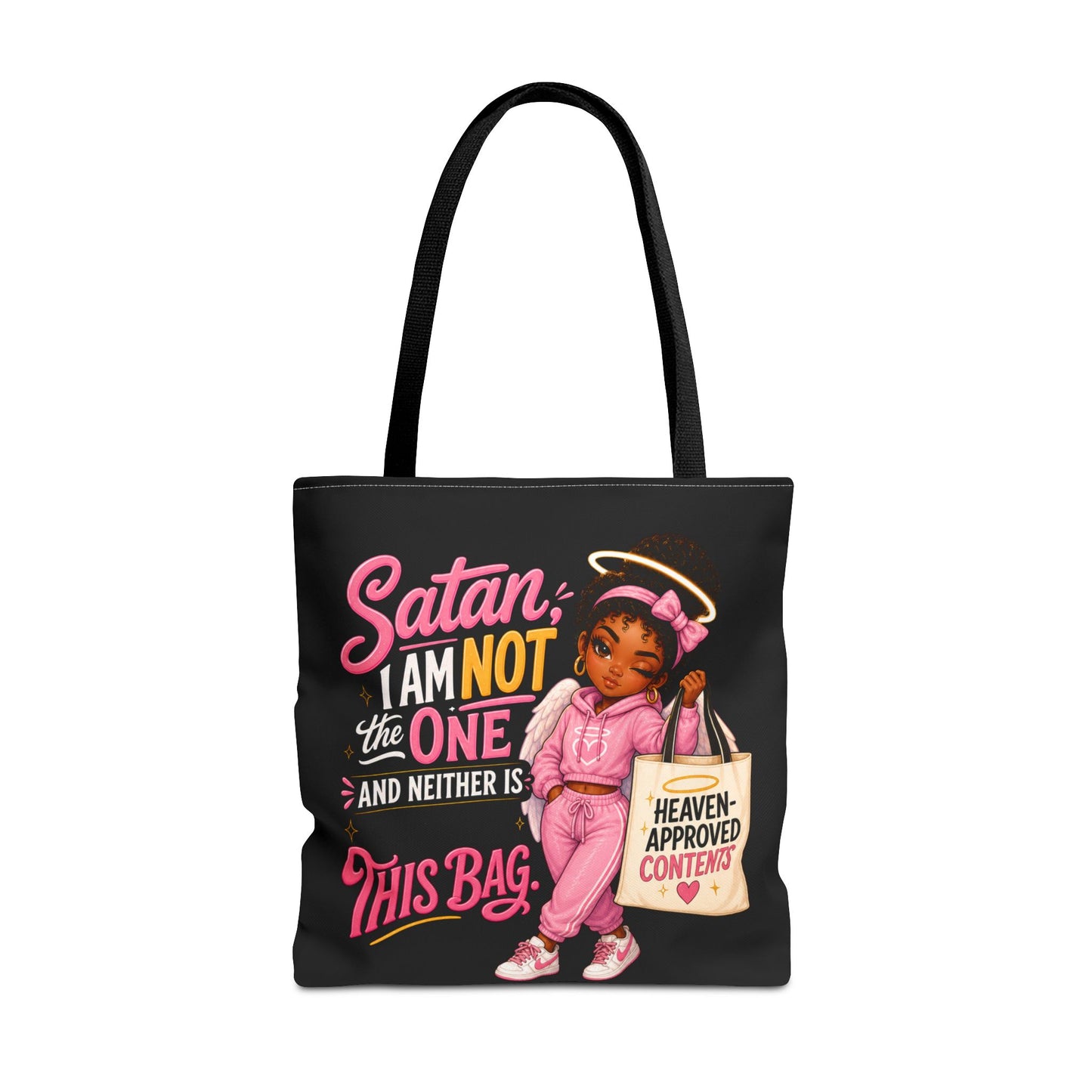 Tote Bag — "Satan I Am Not The One" Retro Angel Girl Tote (Heaven Approved Content) - ClaimedbyGodDesigns