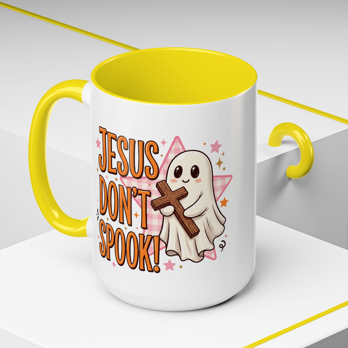 Accent Coffee Mug — "Jesus Don't Spook!" Cute Ghost Christian Coffee Mug (11/15oz)