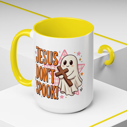 Accent Coffee Mug — "Jesus Don't Spook!" Cute Ghost Christian Coffee Mug (11/15oz)
