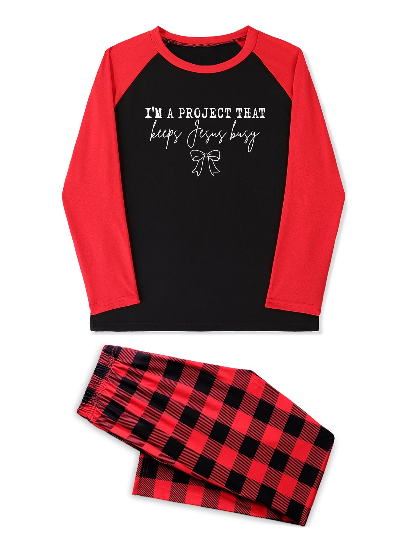 I'm A Project That Keeps Him Busy Youth Christian Plaid Pajamas