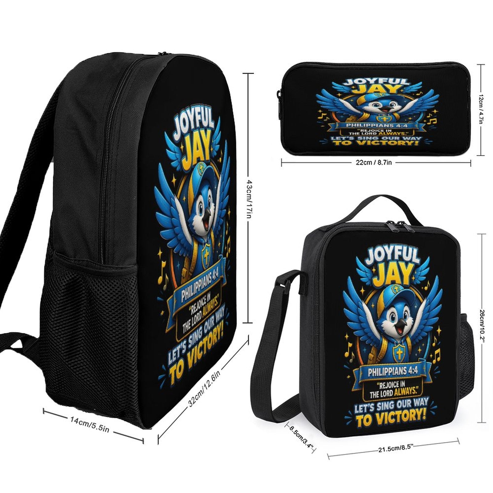 Joyful Jay Christian 3 PCS Bag Set (Backpack, Lunch Bag and Pencil Case) - ClaimedbyGodDesigns