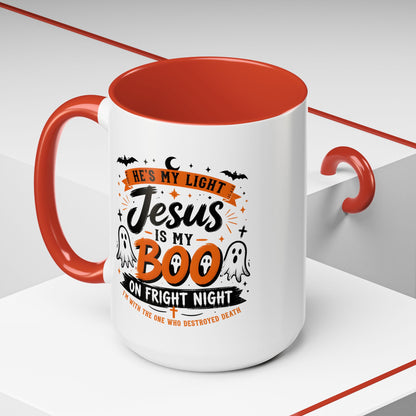 Christian Coffee Mug — "He's My Light, Jesus Is My Boo" Halloween Accent Mug
