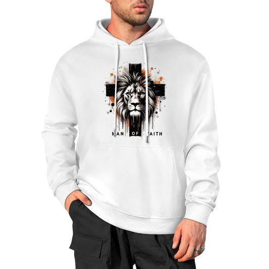 Man of Faith (lion cross) Men's Christian Hooded Pullover Sweatshirt