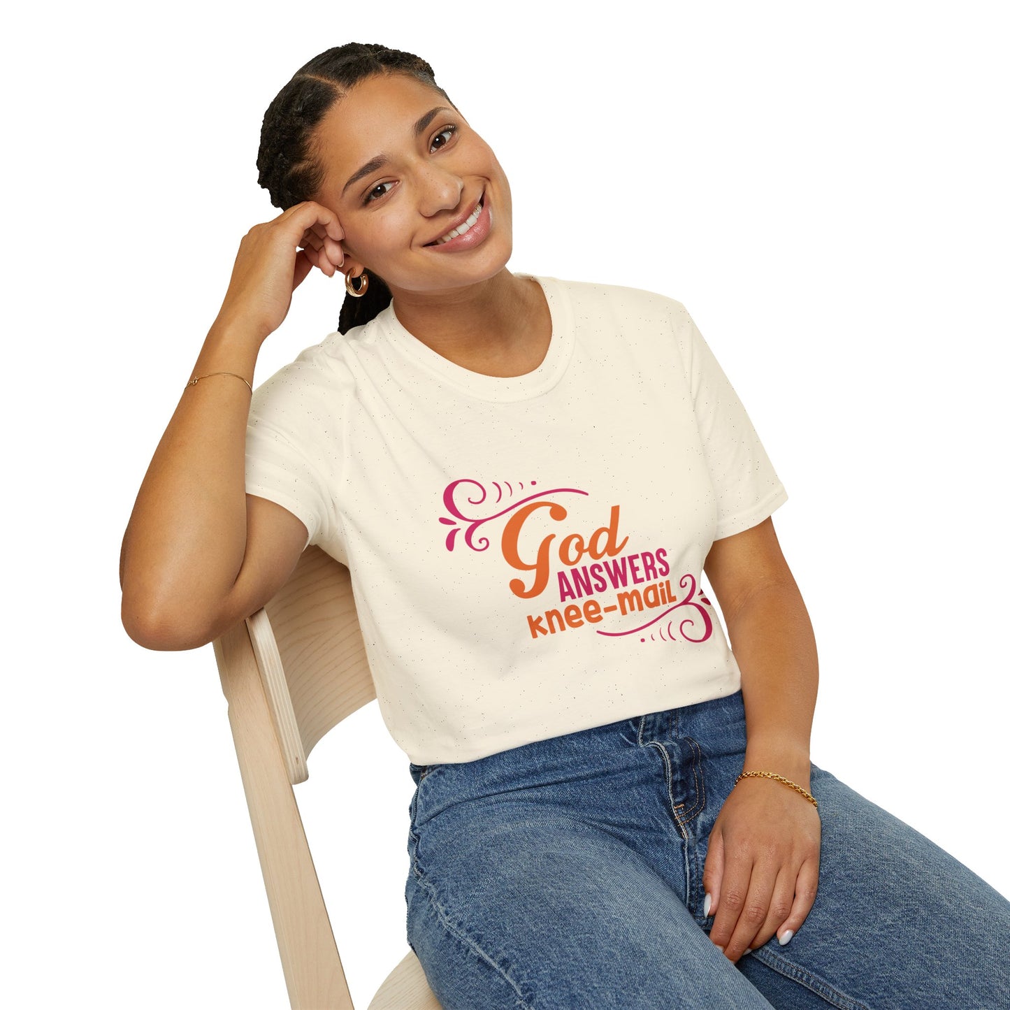 God Answers Knee Mail Funny Women's Christian T-shirt