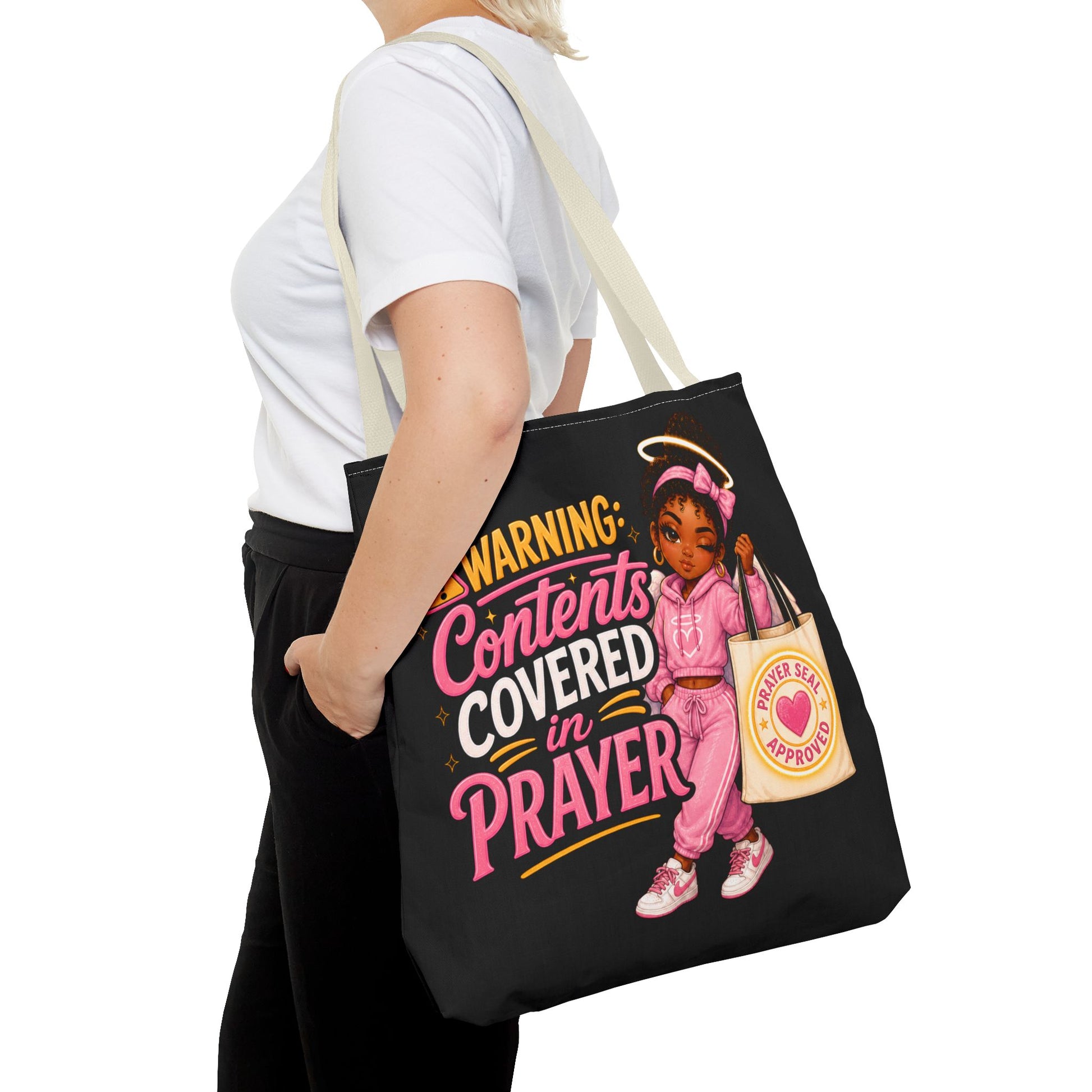 Tote Bag — "Warning: Contents Covered in Prayer" Pink Faith Tote - ClaimedbyGodDesigns