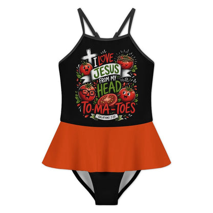 I Love Jesus From My Head To-Ma-Toes Kids One Piece Ruffle Strap Christian Swimsuit