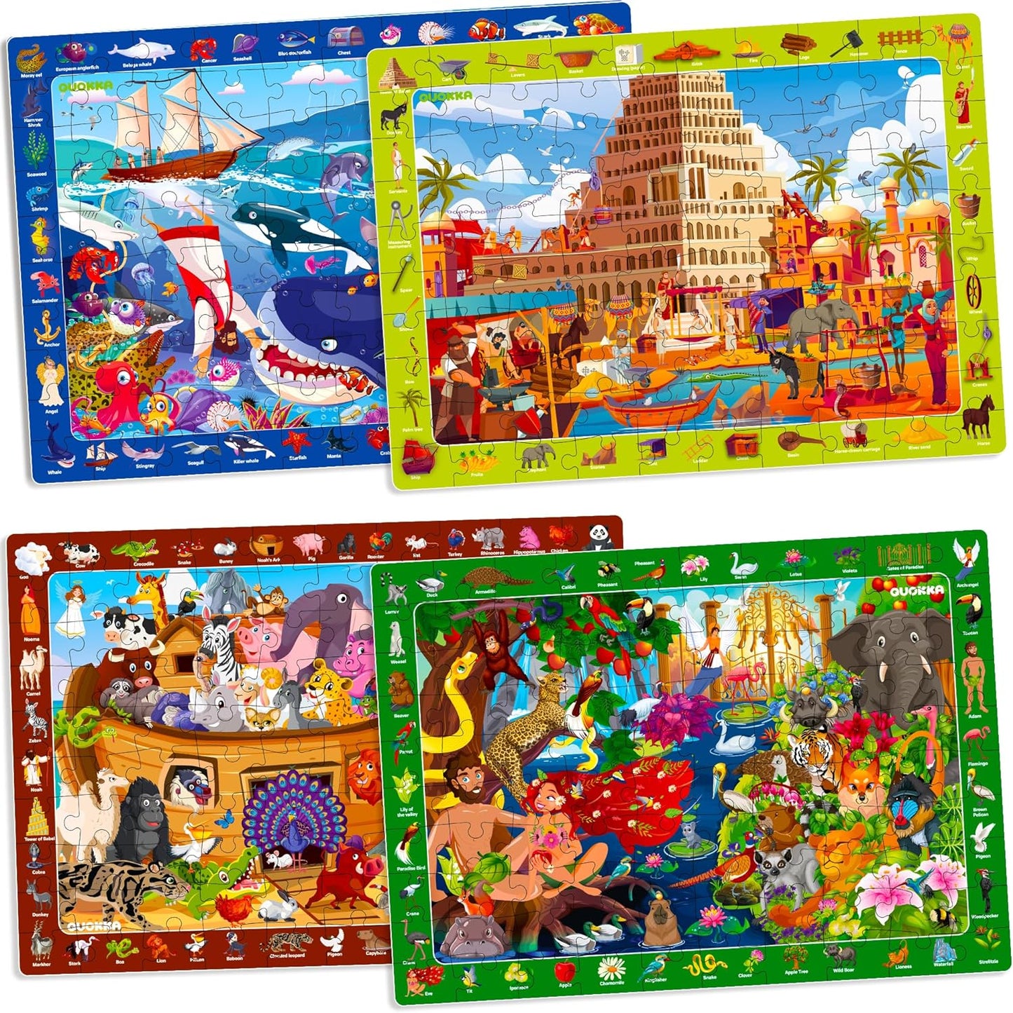 60 Piece Puzzles for Kids Ages 4-6 - Set of 4 Bible Jigsaw Puzzles for Kids 6-8-10 Year Old by QUOKKA - Tower of Babel | Noah`s Ark | Eden Toys for Children 5-7 yo - Christian Game claimedbygoddesigns