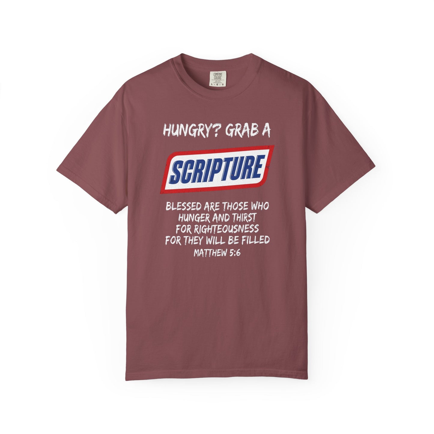 Scripture Snack T-Shirt — "Hungry? Grab a Scripture" Matthew 5:6 Christian Tee