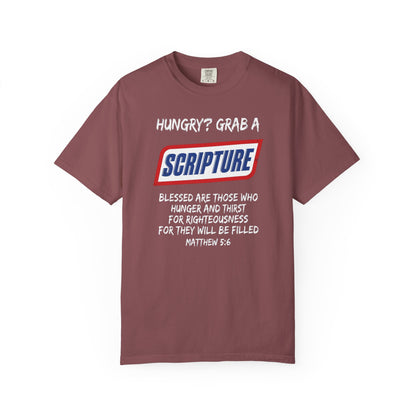 Scripture Snack T-Shirt — "Hungry? Grab a Scripture" Matthew 5:6 Christian Tee