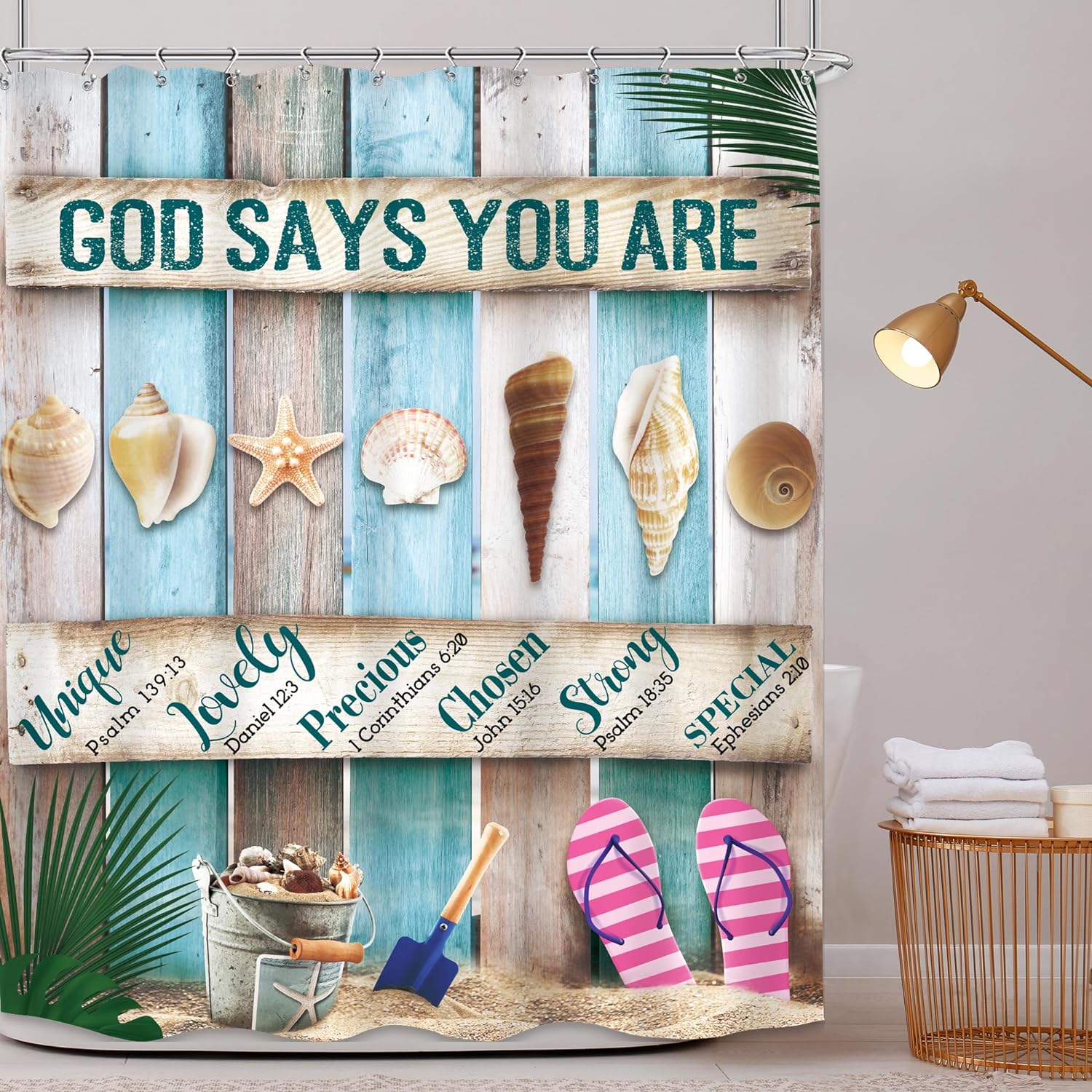 God Says You Are (beach themed) Christian Shower Curtain with 12 Hooks claimedbygoddesigns