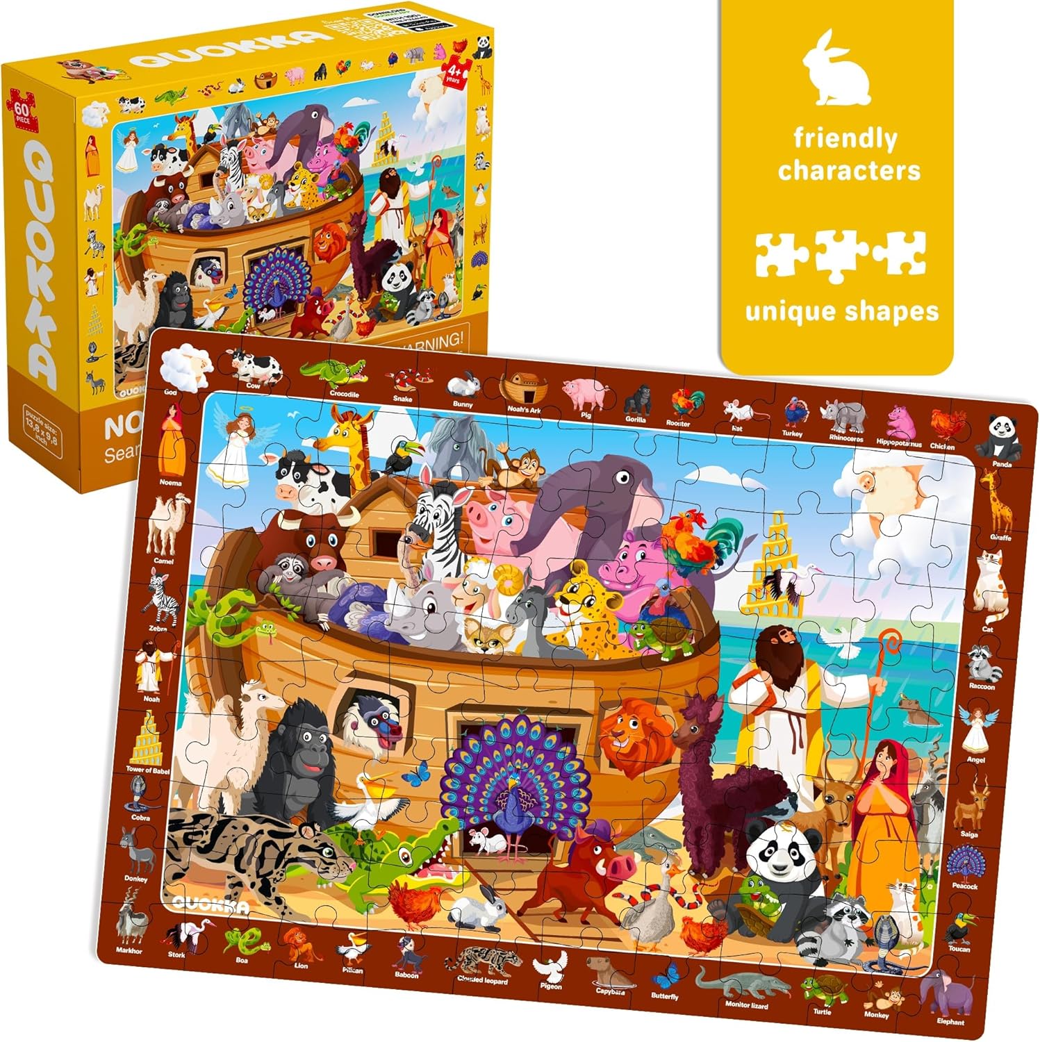 60 Piece Puzzles for Kids Ages 4-6 - Set of 4 Bible Jigsaw Puzzles for Kids 6-8-10 Year Old by QUOKKA - Tower of Babel | Noah`s Ark | Eden Toys for Children 5-7 yo - Christian Game claimedbygoddesigns