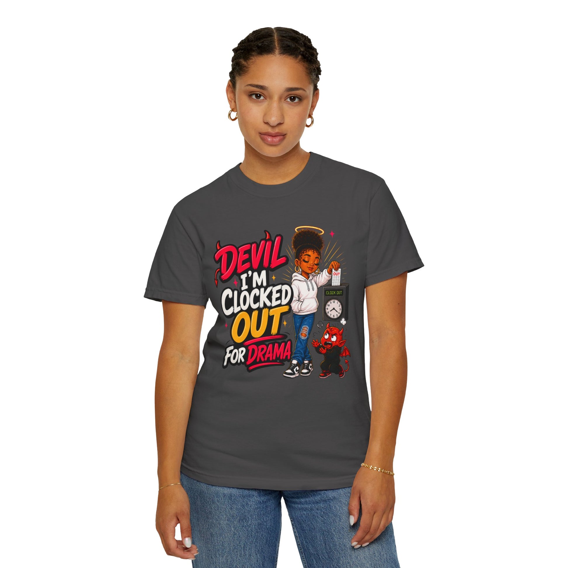 T-Shirt — "Devil I'm Clocked Out for Drama" Graphic Tee - ClaimedbyGodDesigns