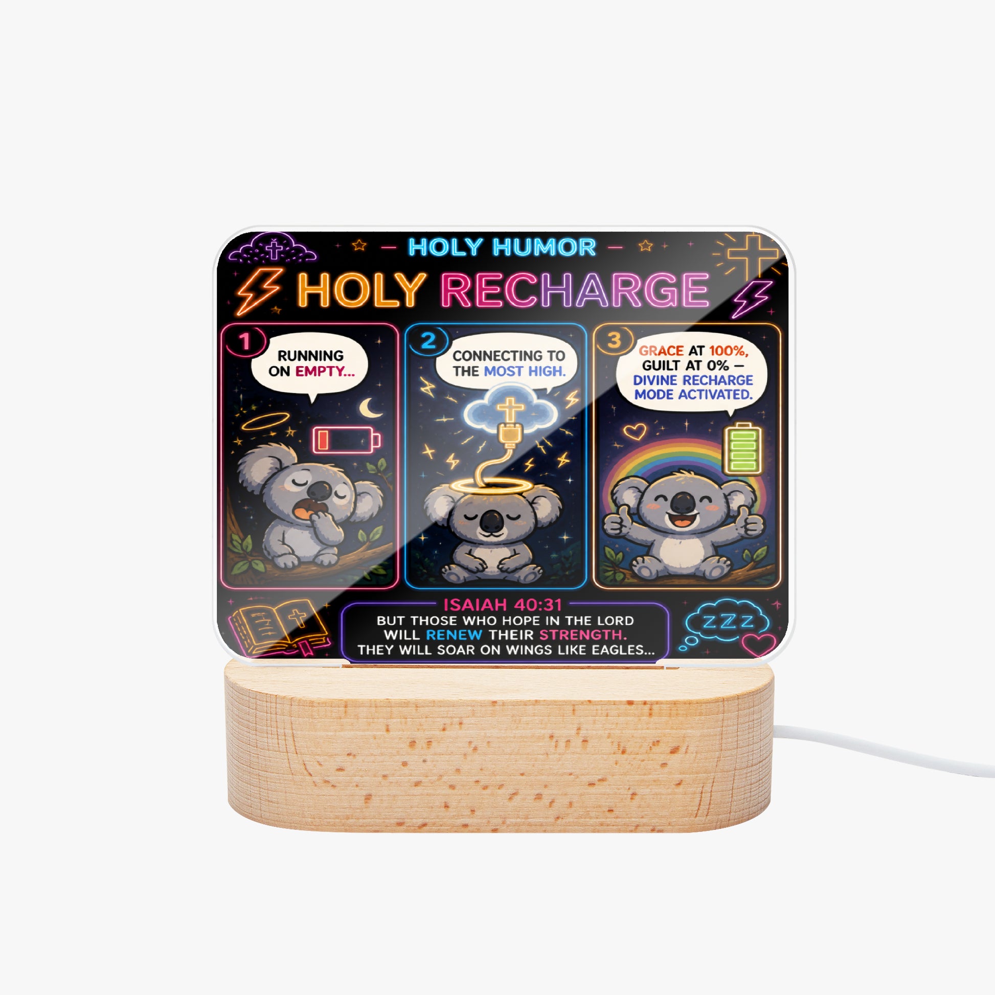 Holy Recharge Christian Square Acrylic Nigh Light - Luminous Base - ClaimedbyGodDesigns