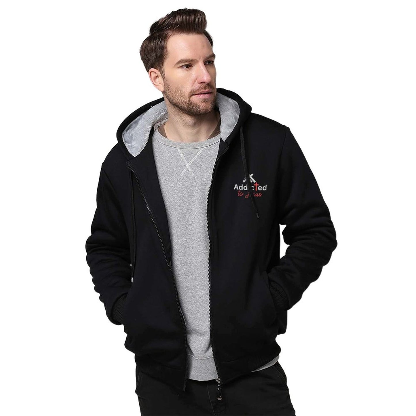 Addicted To Jesus Men’s Christian Plush Full Zip Hooded Sweatshirt SALE-Personal Design