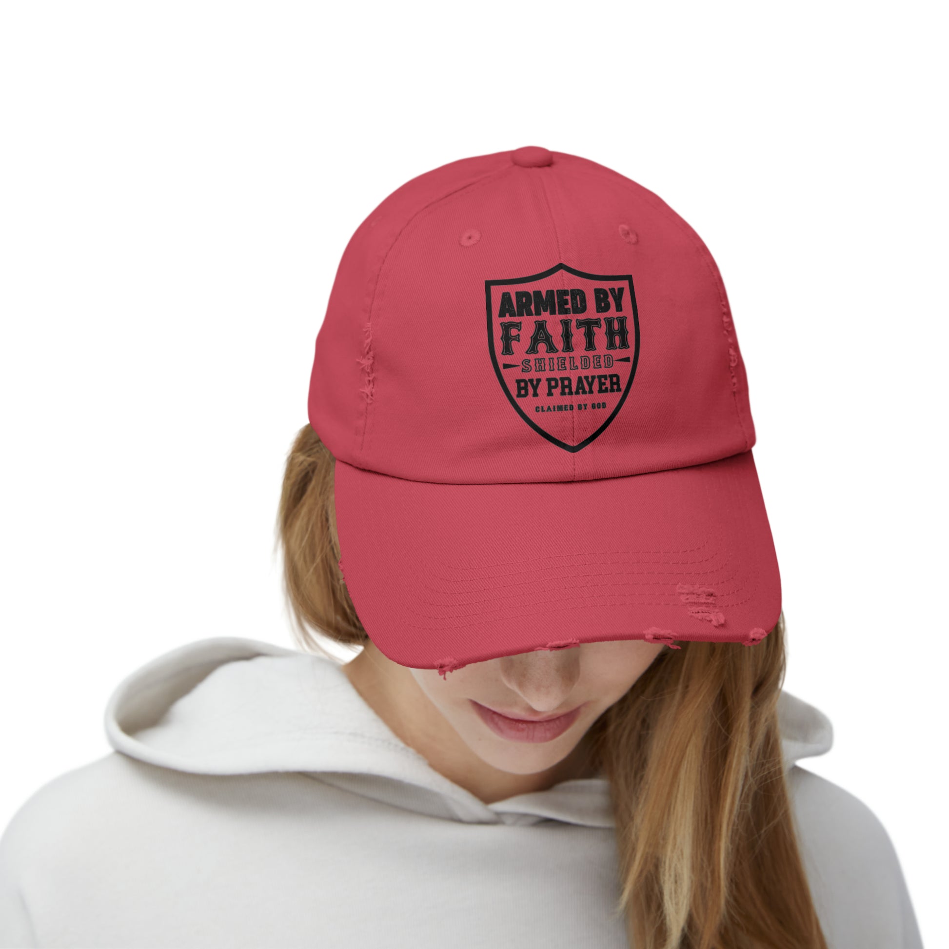 Armed By Faith Shielded By Prayer Unisex Christian Distressed Hat Printify