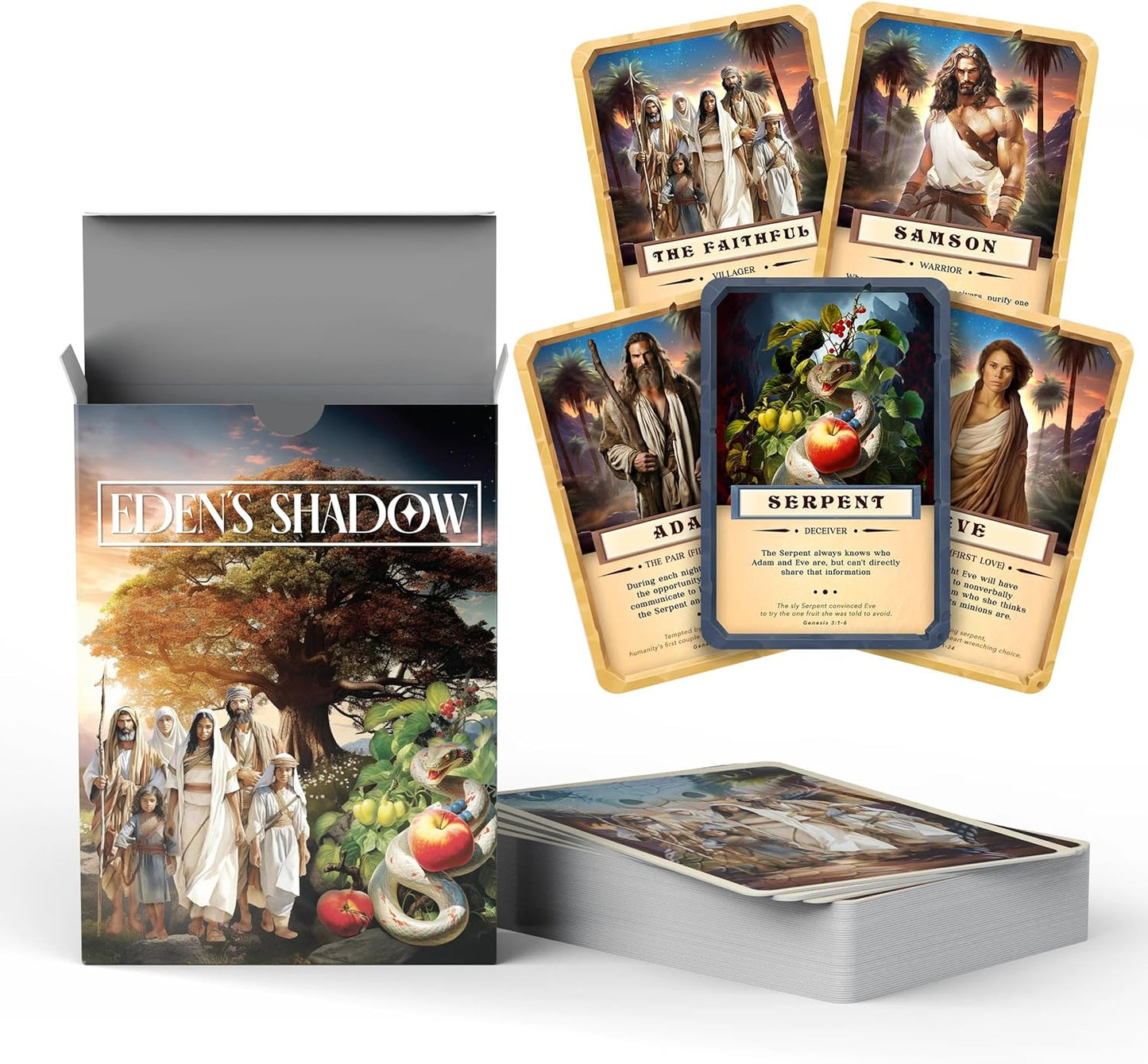 Eden's Shadow. A Christian Board Game for Youth Groups, Sleepovers, Slumber Parties and Bible Study Groups. Fun, Interactive Party Play with Social Inference, Role Play, Bluffing and Beautiful Cards claimedbygoddesigns
