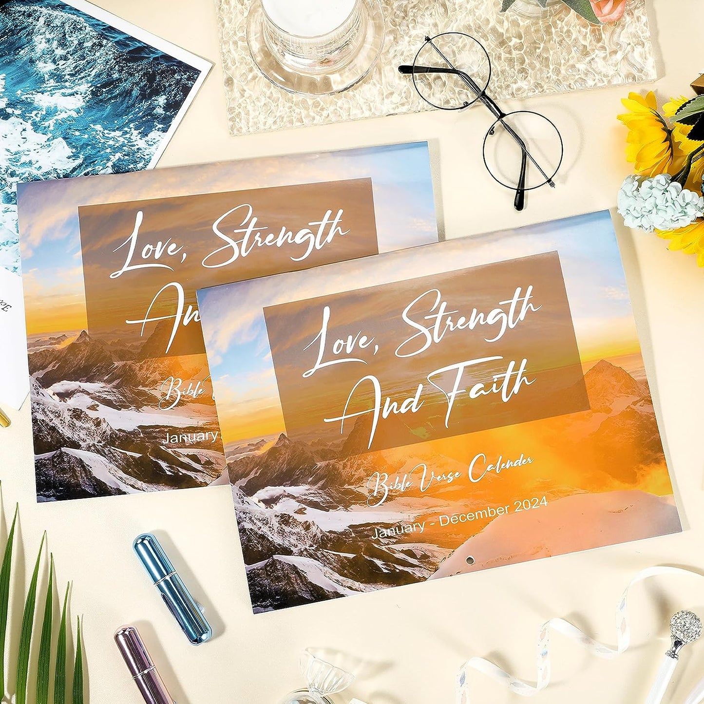 Love Strength And Faith Bible Verse 2024 Christian Wall Calendar , 17 x 11 (Open) with Hanging Hook, Blocks and Holidays claimedbygoddesigns