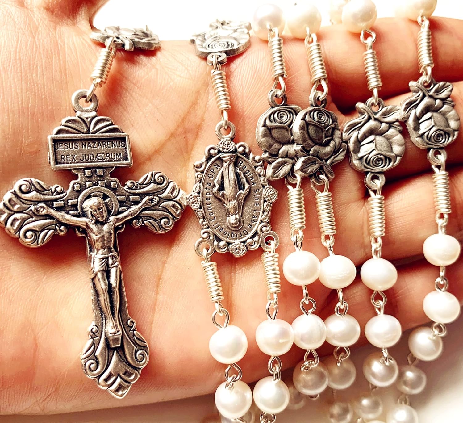 Real Pearl Beads Our Lady Fatima Rosary Cross Necklace Box claimedbygoddesigns