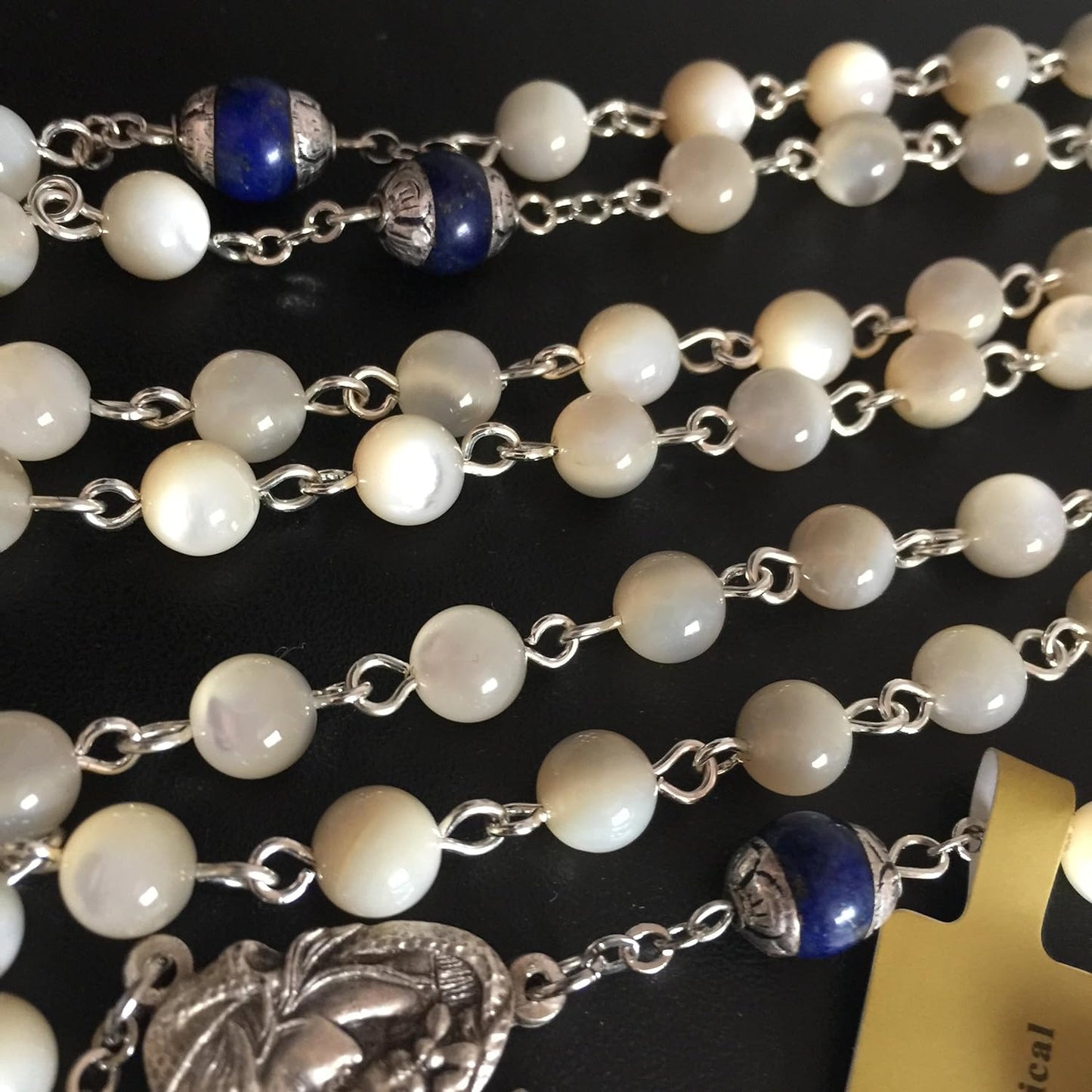 Mother of Pearl & Lapis lazuli Beads Rosary necklace Cross box claimedbygoddesigns