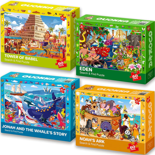 60 Piece Puzzles for Kids Ages 4-6 - Set of 4 Bible Jigsaw Puzzles for Kids 6-8-10 Year Old by QUOKKA - Tower of Babel | Noah`s Ark | Eden Toys for Children 5-7 yo - Christian Game claimedbygoddesigns