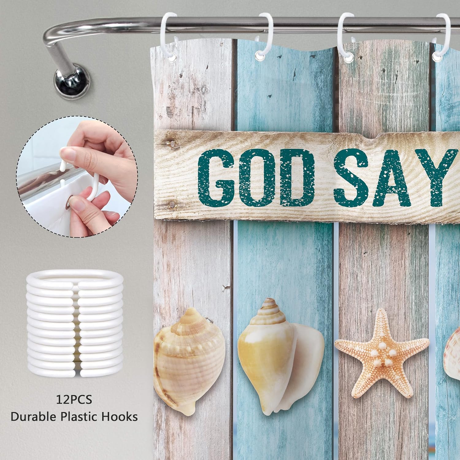 God Says You Are (beach themed) Christian Shower Curtain with 12 Hooks claimedbygoddesigns