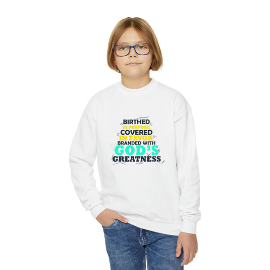 Birthed In Purpose Covered In Favor Branded With God's Greatness Youth Christian Sweatshirt Printify