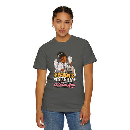 Heaven's Intern T-shirt – Funny Angel Nurse Tee ('Still Learning to Clock Out Petty') - ClaimedbyGodDesigns
