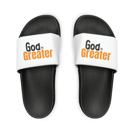 God Is Greater Youth PU Christian Slide Sandals Printify