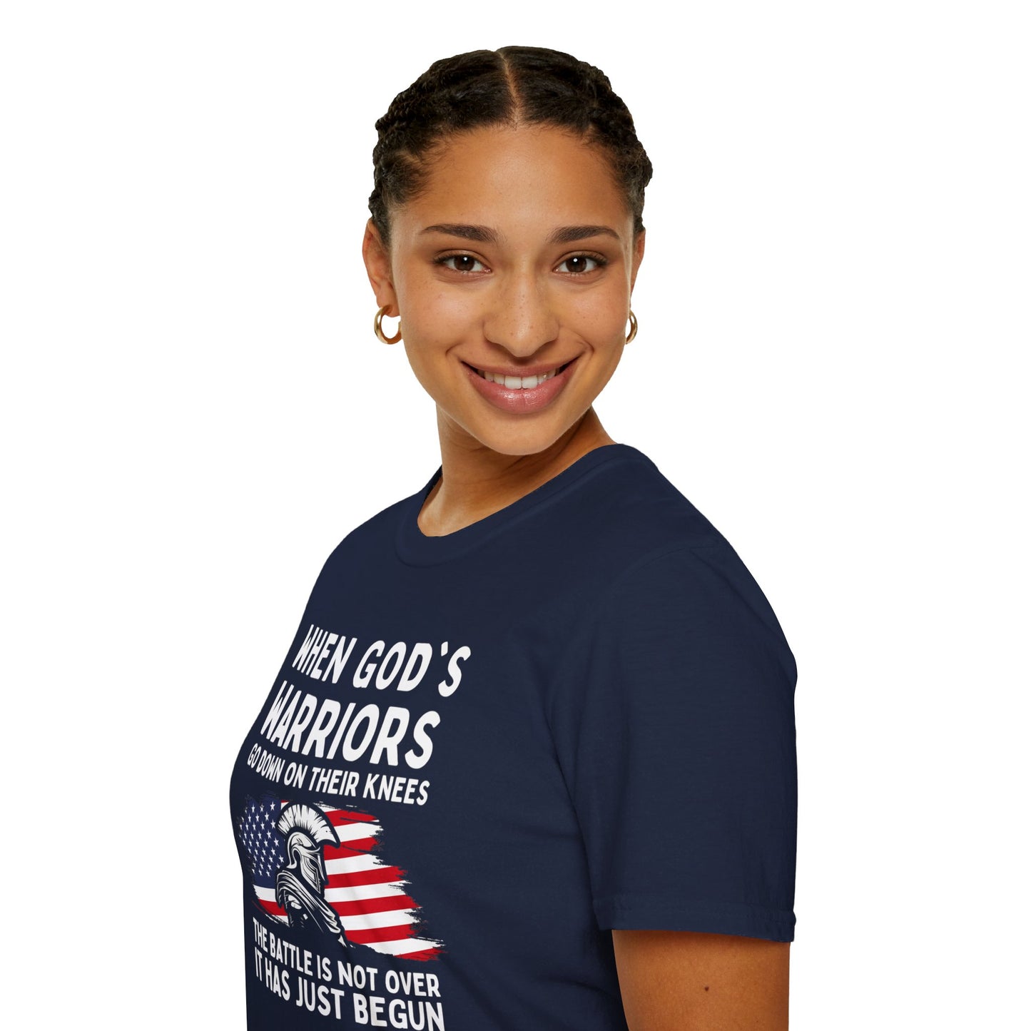 When God's Warriors Go Down On Their Knees The Battle Is Not Over Patriotic American Flag Christian Unisex T-shirt