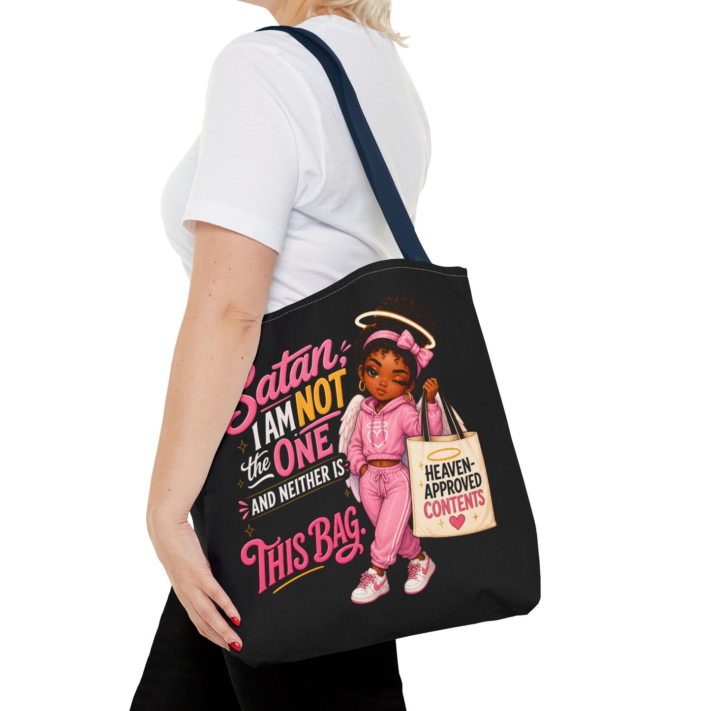 Tote Bag — "Satan I Am Not The One" Retro Angel Girl Tote (Heaven Approved Content) - ClaimedbyGodDesigns