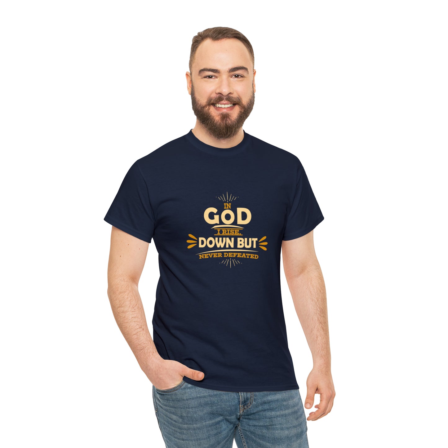 In God I Rise Down But Never Defeated  Unisex Heavy Cotton Tee