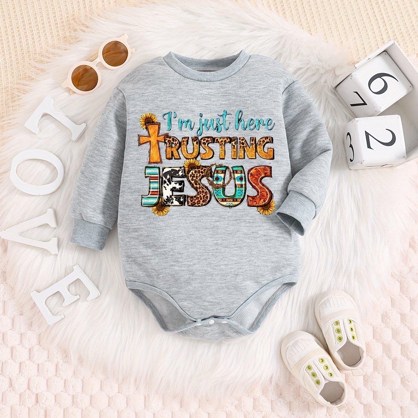 I'M JUST HERE TRUSTING JESUS Long Sleeve Christian Baby Onesie claimedbygoddesigns