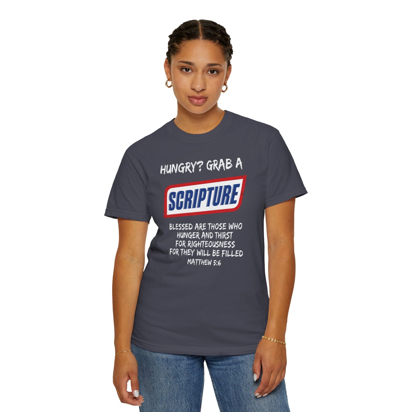 Scripture Snack T-Shirt — "Hungry? Grab a Scripture" Matthew 5:6 Christian Tee