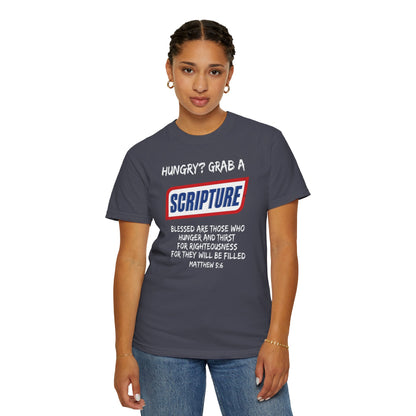 Scripture Snack T-Shirt — "Hungry? Grab a Scripture" Matthew 5:6 Christian Tee