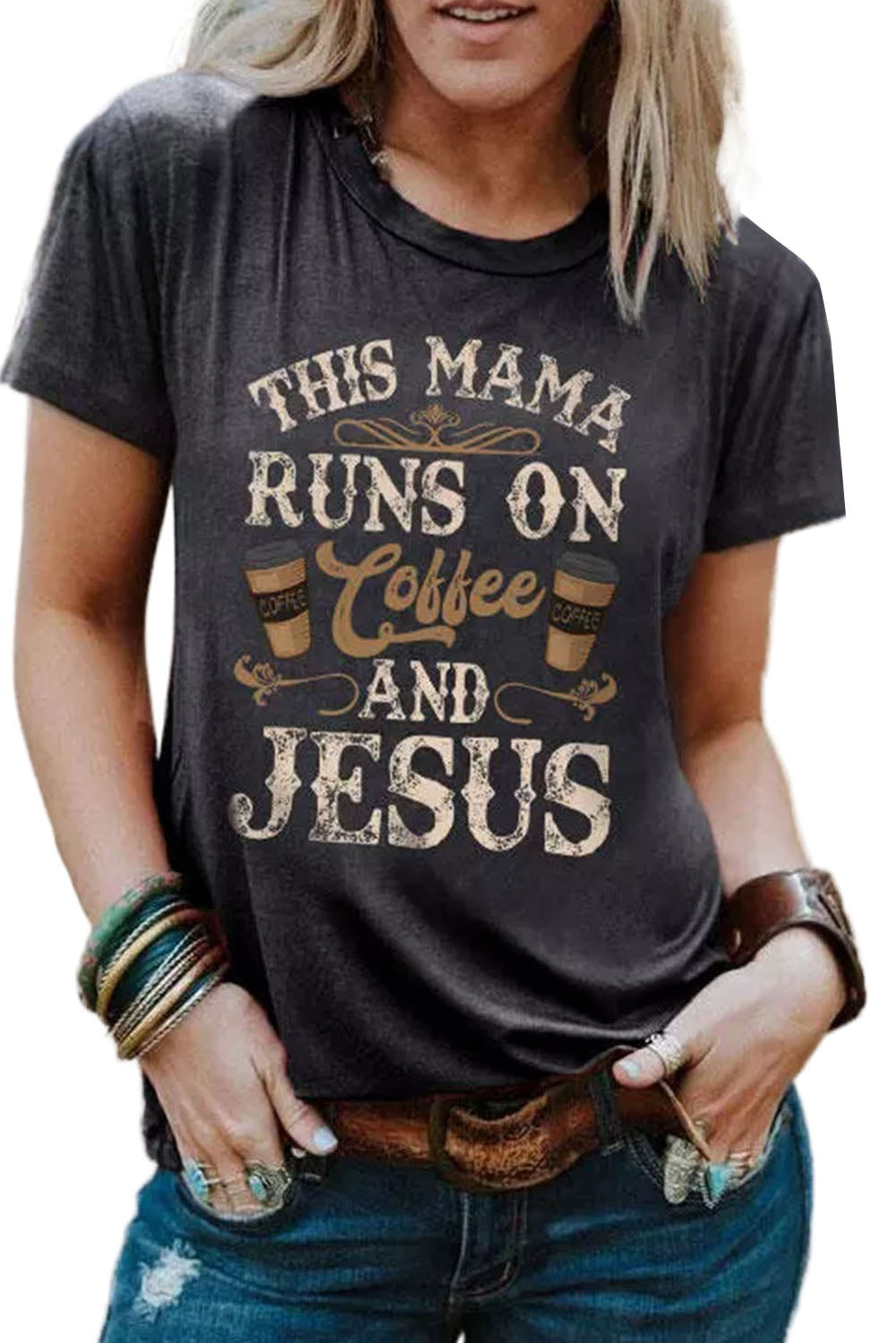 This Mama Runs On Coffee And Jesus Gray Round Neck Letter Graphic Short Sleeve Women's T-Shirt ClaimedbyGodDesigns