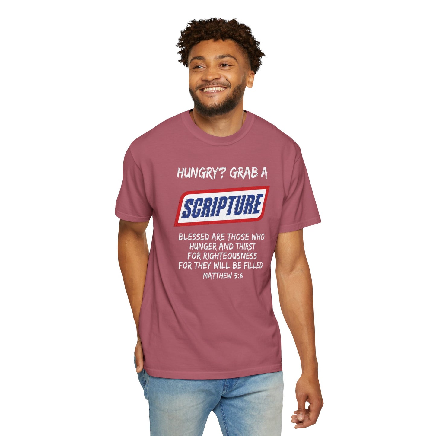 Scripture Snack T-Shirt — "Hungry? Grab a Scripture" Matthew 5:6 Christian Tee