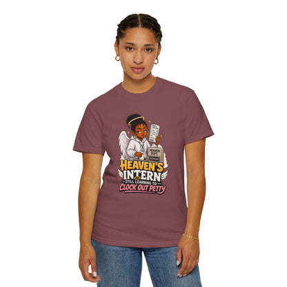 Heaven's Intern T-shirt – Funny Angel Nurse Tee ('Still Learning to Clock Out Petty') - ClaimedbyGodDesigns