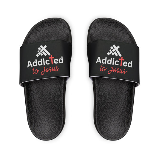 Addicted To Jesus  Men's PU Christian Slide Sandals Printify