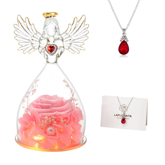 Flower Rose In Glass Angel Figurine With Necklace Christian Mother's Day Gift claimedbygoddesigns