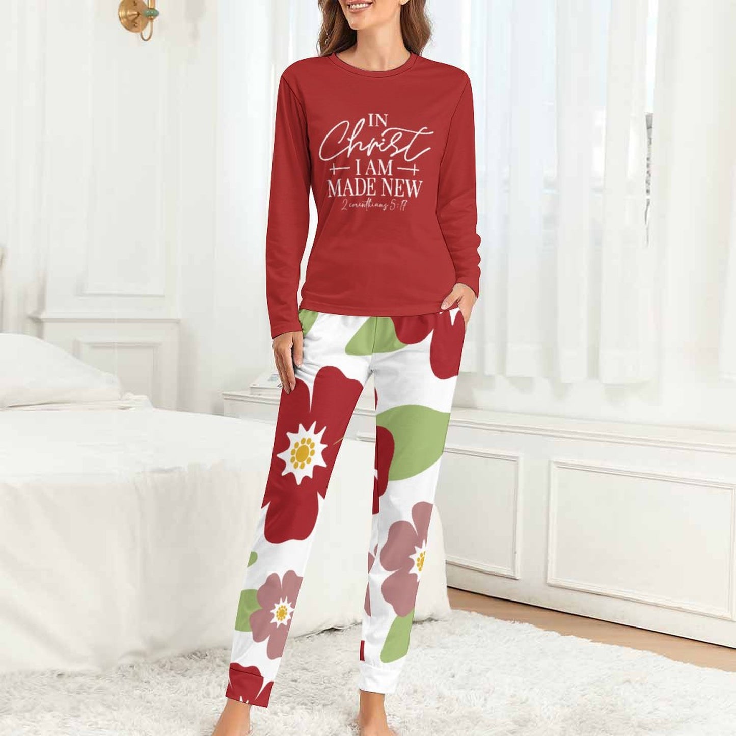 In Christ I Am Made New (flowered) Christian Women's 2 Piece Pajama Set