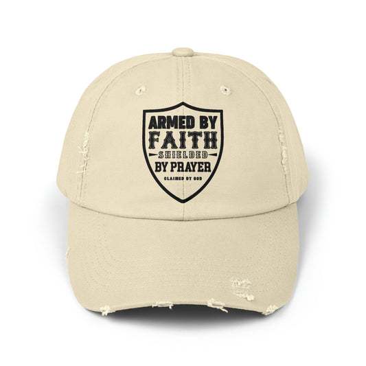 Armed By Faith Shielded By Prayer Unisex Christian Distressed Hat Printify