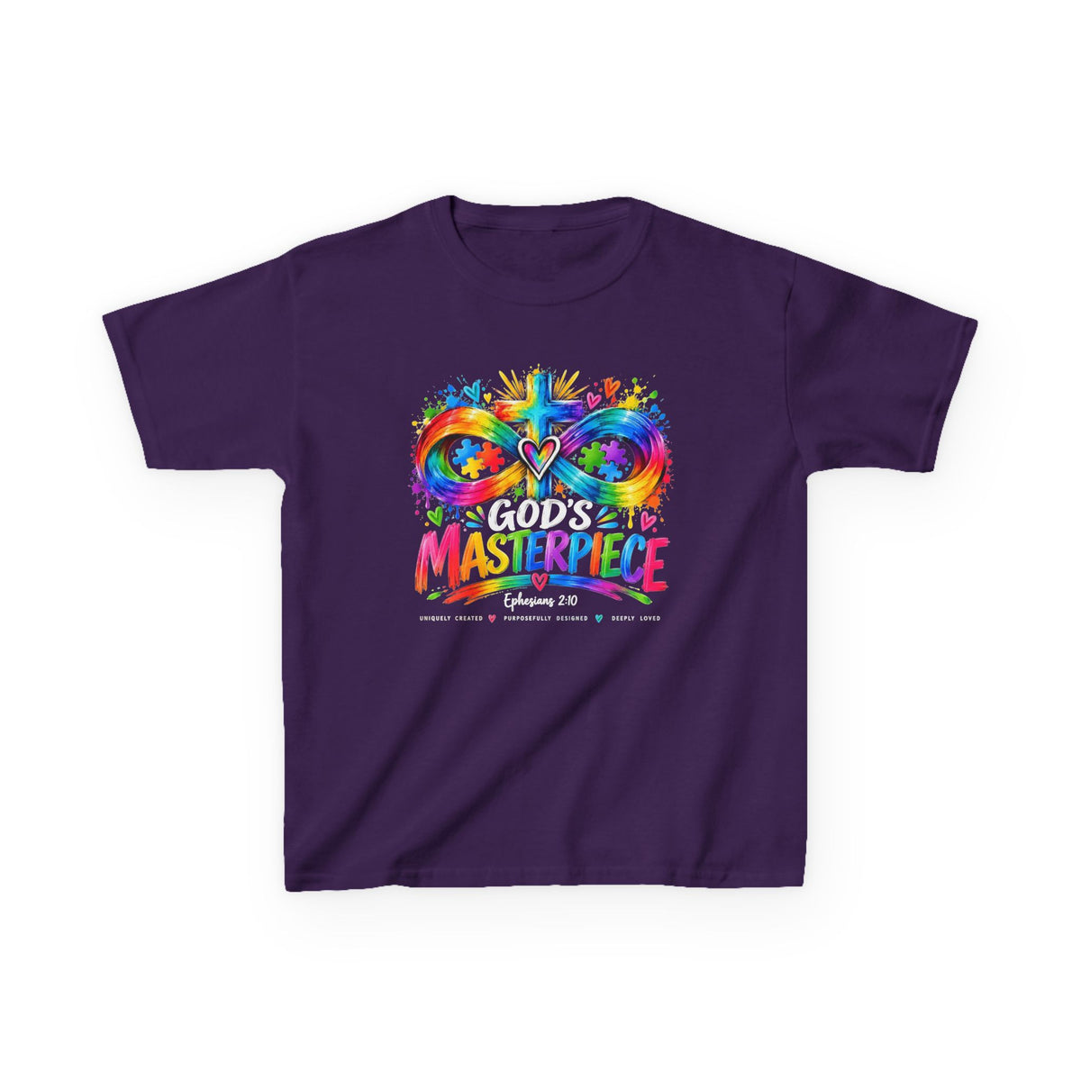 Youth Autism Awareness T-Shirt — "God's Masterpiece" Colorful Heart & Infinity Tee