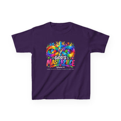 Youth Autism Awareness T-Shirt — "God's Masterpiece" Colorful Heart & Infinity Tee