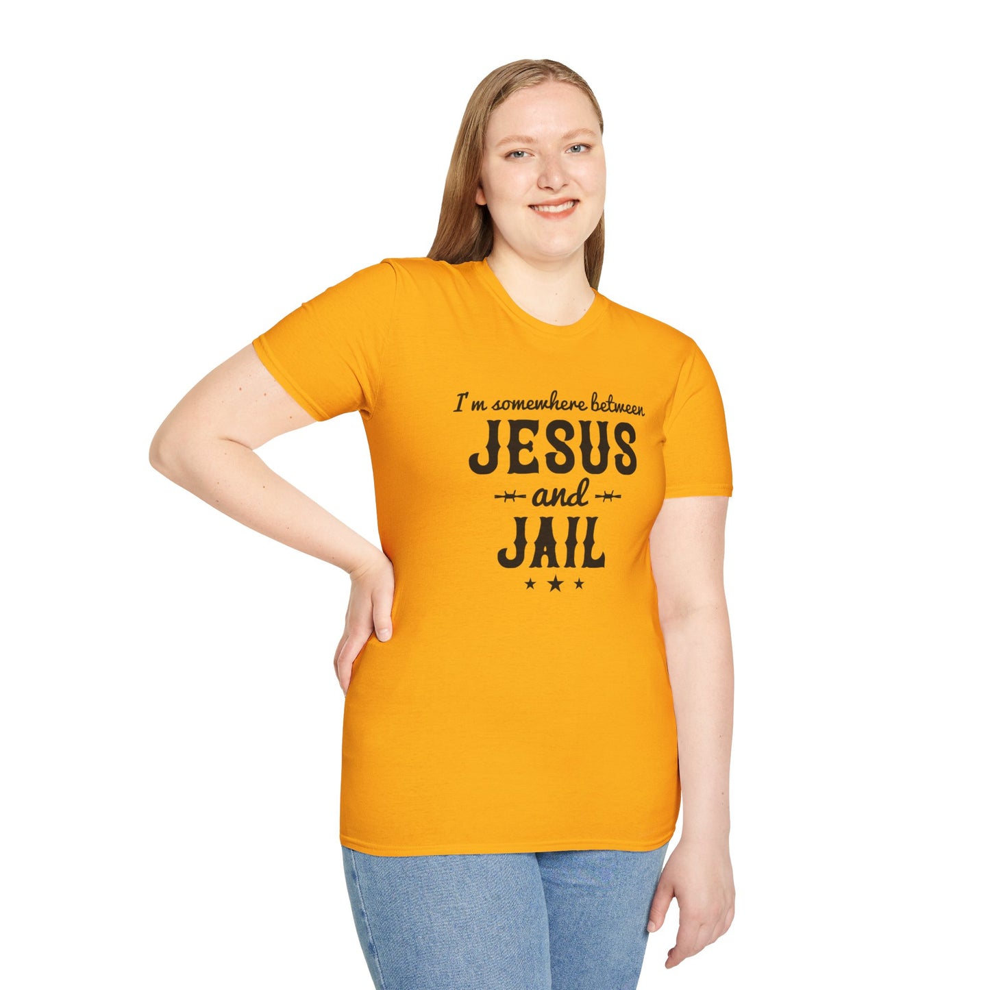 I'm Somewhere Between Jesus And Jail Funny Unisex Christian T-shirt