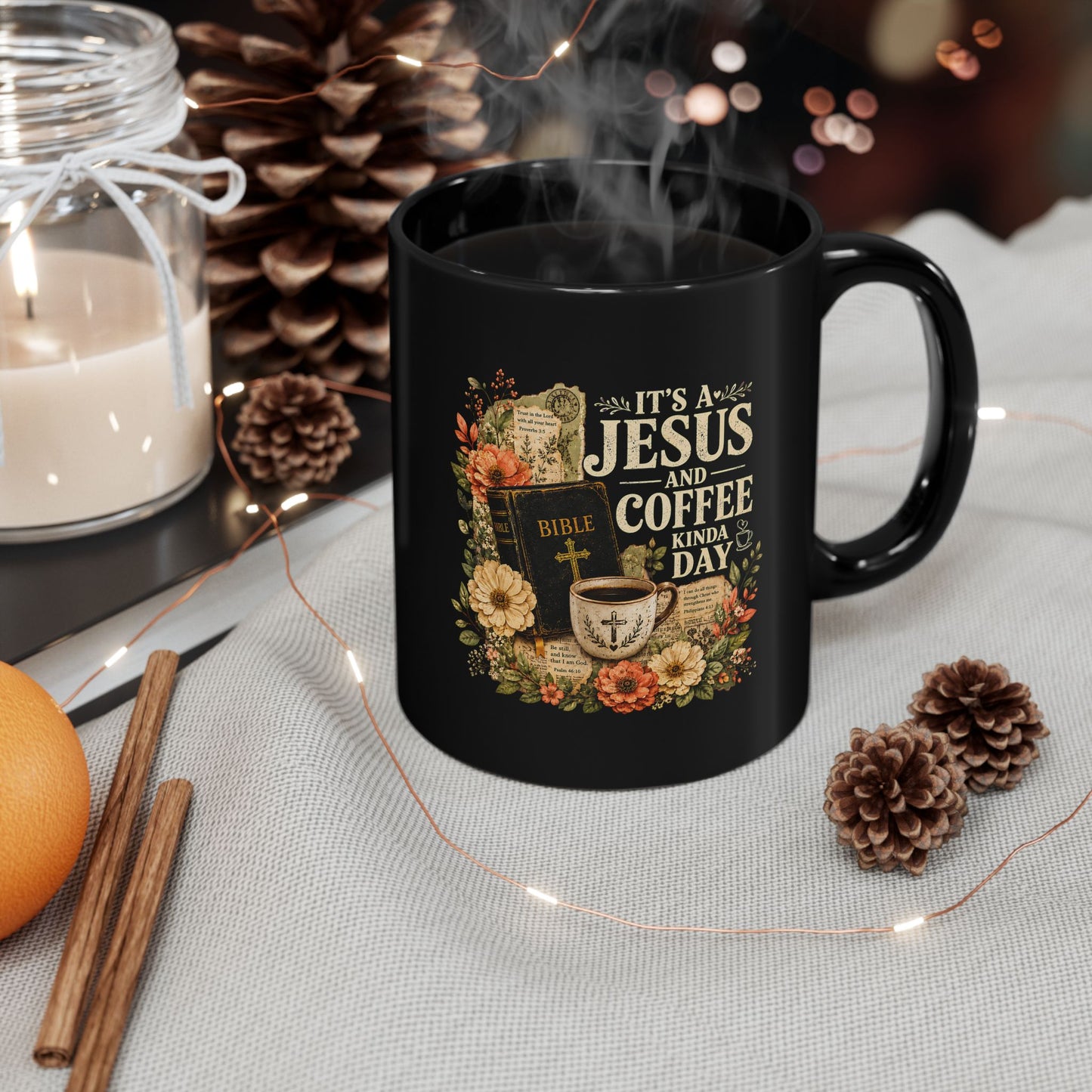 Jesus and Coffee Black Mug — Floral Bible Faith Coffee Cup (11oz/15oz) - ClaimedbyGodDesigns