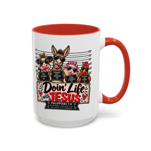 Doin’ Life with Jesus funny Christian mug: cow, donkey, sheep and chicken in sunglasses in a mugshot lineup, Philippians 1:6