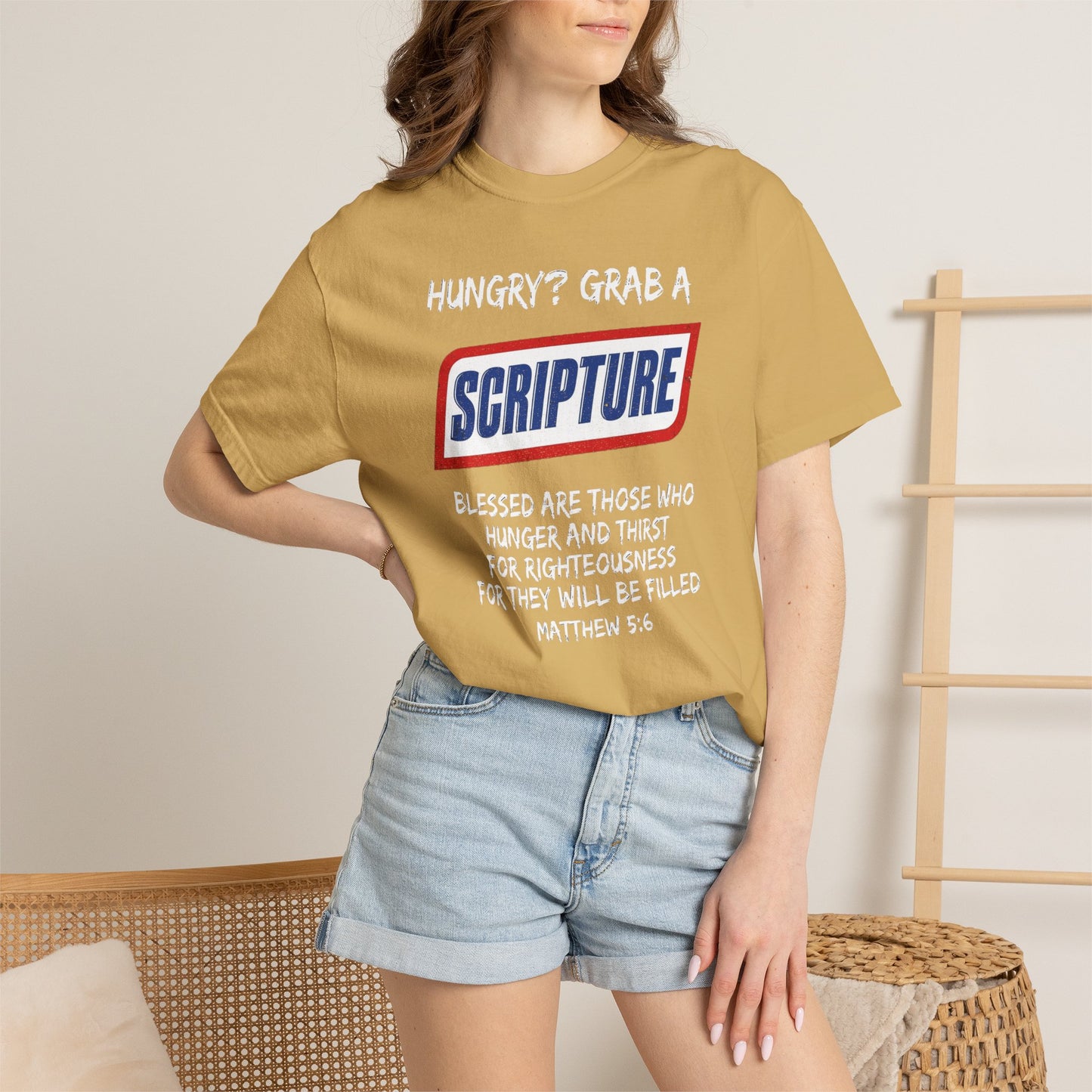 Scripture Snack T-Shirt — "Hungry? Grab a Scripture" Matthew 5:6 Christian Tee
