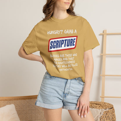 Scripture Snack T-Shirt — "Hungry? Grab a Scripture" Matthew 5:6 Christian Tee